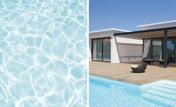 Carrelage mosaique pour piscine mis en valeur par la lumière naturelle.