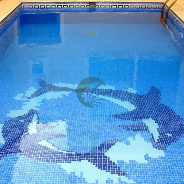 Motif mosaïque piscine montrant des dauphins jouant au fond du bassin