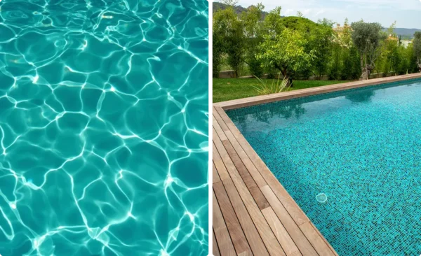 Ambiance paisible autour d’une piscine en carrelage mosaique.